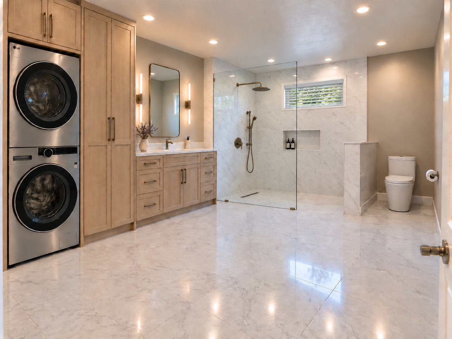 Completed bathroom and laundry suite with white oak cabinetry and an open shower