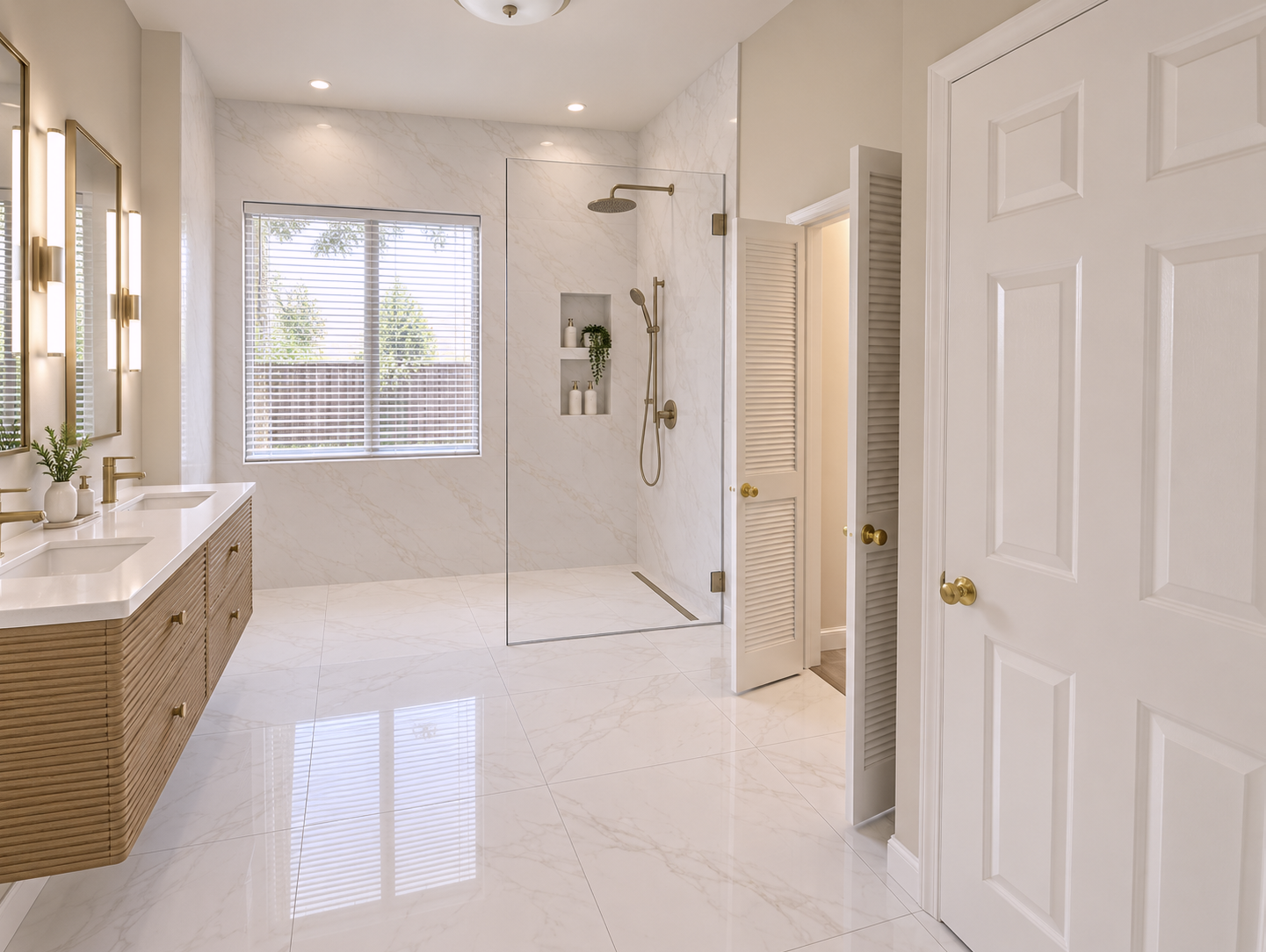 Completed primary bathroom with a floating wood vanity, frameless shower and marble-look surfaces